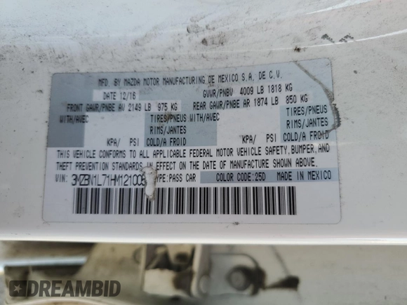 2017 Mazda 3 Touring with VIN 3MZBN1L71HM121005, listed as a Copart auction lot 46875865 with 115,406 mi miles and Salvage Title. Bid and sale history available at DreamBid. Image 12.