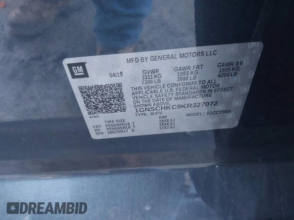2019 Chevrolet Suburban LT with VIN 1GNSCHKC9KR327072, listed as a IAAI auction lot 40852032 with 109,815 mi miles and . Bid and sale history available at DreamBid. Image 9.