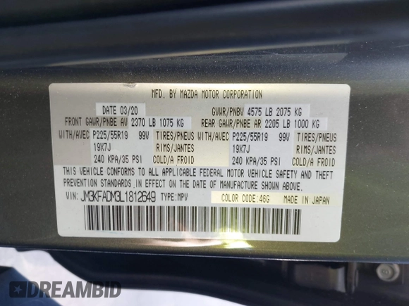 2020 Mazda CX-5 Grand Touring with VIN JM3KFADM3L1812649, listed as a IAAI auction lot 42575393 with 102,118 mi miles and . Bid and sale history available at DreamBid. Image 9.