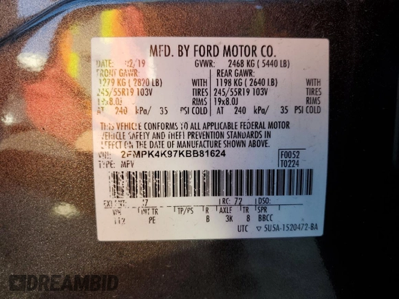 2019 Ford Edge Titanium with VIN 2FMPK4K97KBB81624, listed as a Copart auction lot 46874745 with 50,886 mi miles and Salvage Title. Bid and sale history available at carsss.com. Image 14.
