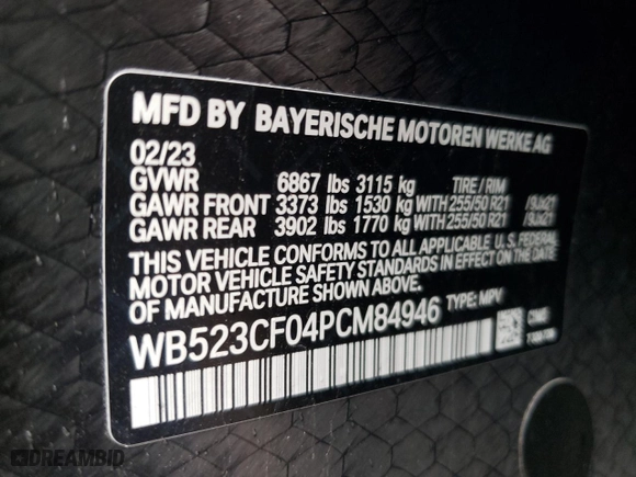 2023 BMW iX xDrive50 with VIN WB523CF04PCM84946, listed as a Copart auction lot 47995414 with 6,037 mi miles. Bid and sale history available at carsss.com. Image 13.