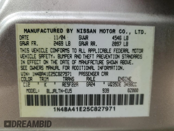 2005 Nissan Maxima 3.5 SL with VIN 1N4BA41E25C827971, listed as a Copart auction lot 72753514 with 265,603 mi miles and Salvage Title. Bid and sale history available at carsss.com. Image 12.
