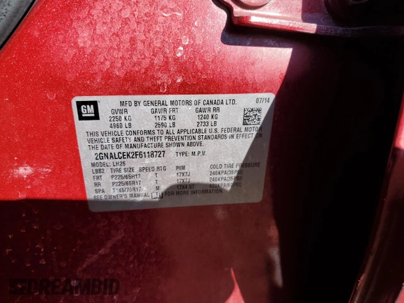 2015 Chevrolet Equinox LT with VIN 2GNALCEK2F6118727, listed as a Copart auction lot 49486605 with 133,631 mi miles and Salvage Title. Bid and sale history available at carsss.com. Image 13.
