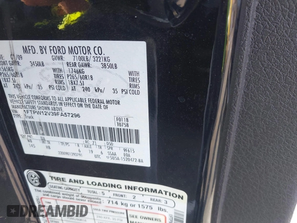 2009 Ford F-150 XL with VIN 1FTPW12V39FA57296, listed as a IAAI auction lot 41367291 with 1 mi miles. Bid and sale history available at carsss.com. Image 9.