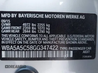 2016 BMW 5 Series 528i with VIN WBA5A5C58GG347422, listed as a IAAI auction lot 41116626 with 134,945 mi miles. Bid and sale history available at carsss.com. Image 9.