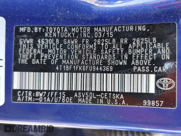 2015 Toyota Camry XLE with VIN 4T1BF1FK6FU944369, listed as a Copart auction lot 54774095 with 168,945 mi miles and Salvage Title. Bid and sale history available at carsss.com. Image 12.