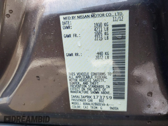 2013 Nissan Altima S with VIN 1N4AL3AP9DC173759, listed as a IAAI auction lot 41847813 with 149,527 mi miles and . Bid and sale history available at DreamBid. Image 9.