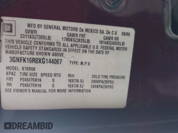 1999 Chevrolet Suburban z VIN 3GNFK16R8XG144067, wystawiony jako IAAI lot #42433835 z przebiegiem 362 941 mil mil oraz . Historia ofert i sprzedaży dostępna na DreamBid. Obrazek 9.