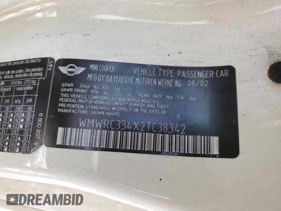 2002 MINI Hardtop with VIN WMWRC334X2TC38342, listed as a Copart auction lot 45706475 with 107,735 mi miles and Salvage Title. Bid and sale history available at DreamBid. Image 12.