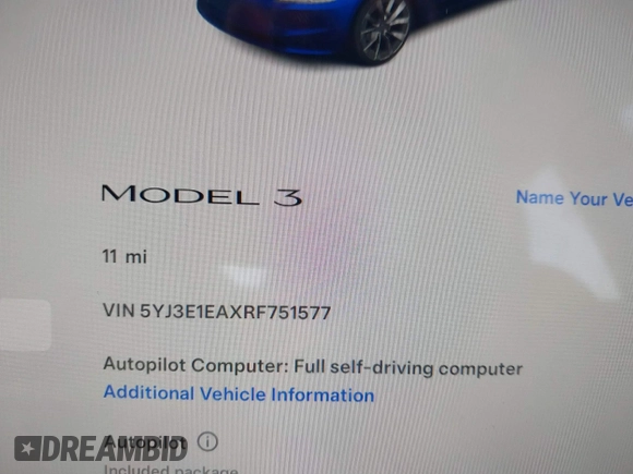 2024 Tesla Model 3 z VIN 5YJ3E1EAXRF751577, wystawiony jako IAAI lot #41831992 z przebiegiem 11 mil mil oraz . Historia ofert i sprzedaży dostępna na DreamBid. Obrazek 7.