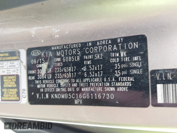 2016 Kia Sedona LX with VIN KNDMB5C16G6116730, listed as a IAAI auction lot 40953112 with 147,191 mi miles. Bid and sale history available at carsss.com. Image 9.