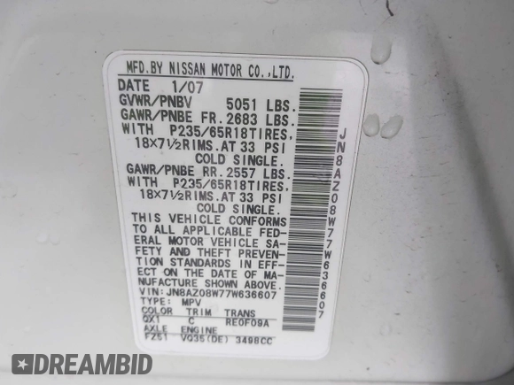 2007 Nissan Murano S with VIN JN8AZ08W77W636607, listed as a IAAI auction lot 41778534 with 187,821 mi miles and . Bid and sale history available at DreamBid. Image 9.