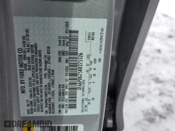 2019 Ford Fusion S with VIN 3FA6P0G75KR275526, listed as a Copart auction lot 45416895 with 38,852 mi miles and Salvage Title. Bid and sale history available at DreamBid. Image 13.