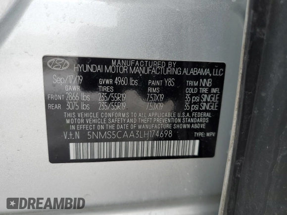 2020 Hyundai Santa Fe Limited with VIN 5NMS5CAA3LH174698, listed as a Copart auction lot 45596365 with 58,338 mi miles and Salvage Title. Bid and sale history available at carsss.com. Image 13.
