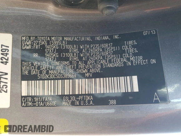2013 Toyota Sienna L with VIN 5TDZK3DC5DS389664, listed as a Copart auction lot 46168265 with 79,962 mi miles and Salvage Title. Bid and sale history available at carsss.com. Image 13.