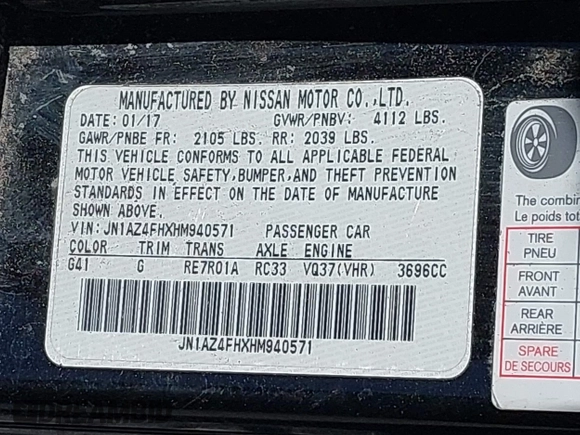 2017 Nissan 370Z Touring with VIN JN1AZ4FHXHM940571, listed as a IAAI auction lot 42062855 with 1 mi miles. Bid and sale history available at carsss.com. Image 9.