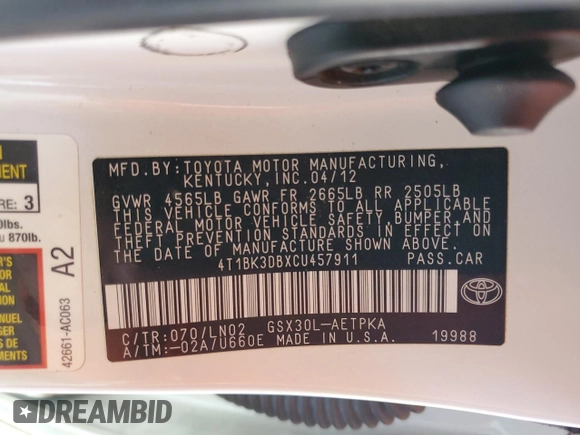 2012 Toyota Avalon with VIN 4T1BK3DBXCU457911, listed as a Copart auction lot 54584335 with 78,585 mi miles and Salvage Title. Bid and sale history available at carsss.com. Image 13.