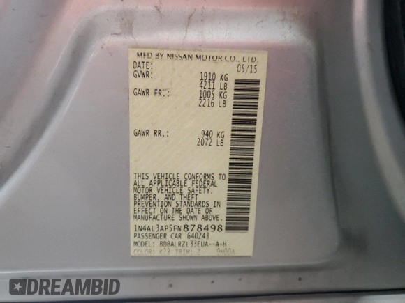 2015 Nissan Altima 2.5 z VIN 1N4AL3AP5FN878498, wystawiony jako Copart lot #59353745 z przebiegiem 129 325 mil mil oraz Szkoda całkowita • Salvage title. Historia ofert i sprzedaży dostępna na DreamBid. Obrazek 12.
