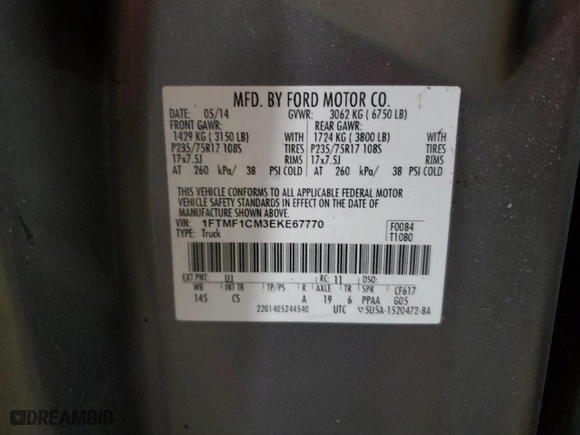 2014 Ford F-150 XL with VIN 1FTMF1CM3EKE67770, listed as a Copart auction lot 84890204 with 193,165 mi miles and Clean Title. Bid and sale history available at carsss.com. Image 12.