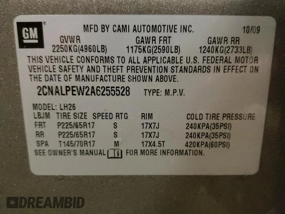 2010 Chevrolet Equinox LT w/2LT with VIN 2CNALPEW2A6255528, listed as a Copart auction lot 45210315 with 191,765 mi miles and Clean Title. Bid and sale history available at carsss.com. Image 13.