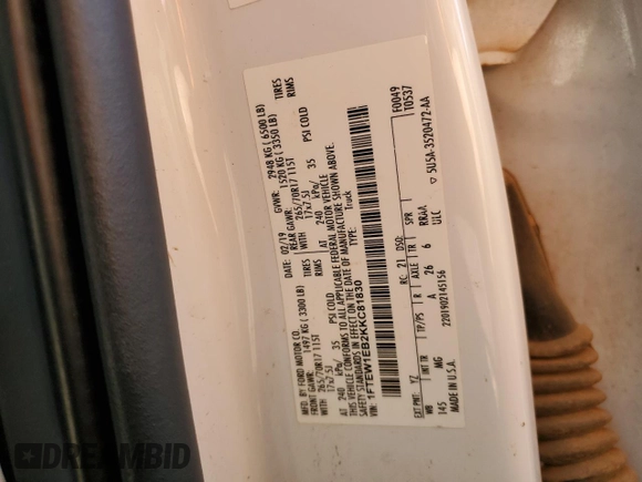 2019 Ford F-150 XL with VIN 1FTEW1EB2KKC81830, listed as a Copart auction lot 83880814 with 178,827 mi miles and Salvage Title. Bid and sale history available at carsss.com. Image 12.