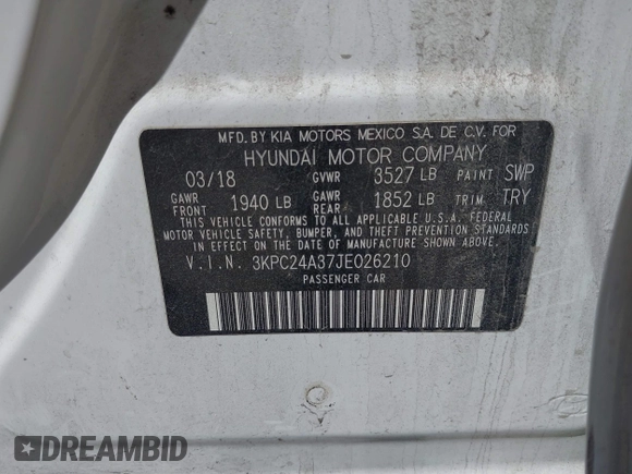 2018 Hyundai Accent SE with VIN 3KPC24A37JE026210, listed as a IAAI auction lot 41753981 with 136,056 mi miles. Bid and sale history available at carsss.com. Image 9.