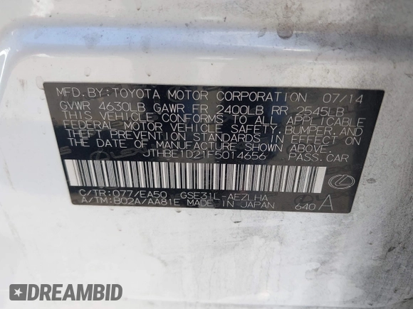 2015 Lexus IS 350 with VIN JTHBE1D21F5014656, listed as a IAAI auction lot 42554384 with 125,886 mi miles and . Bid and sale history available at DreamBid. Image 9.