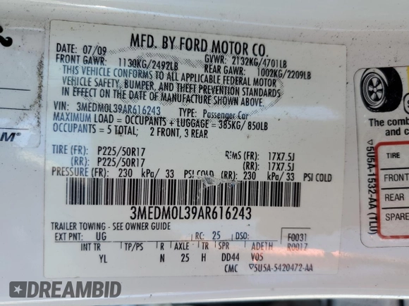 2010 Mercury Milan Hybrid z VIN 3MEDM0L39AR616243, wystawiony jako Copart lot #57054355 z przebiegiem 201 372 mil mil oraz Szkody całkowita. Historia ofert i sprzedaży dostępna na DreamBid. Obrazek 12.