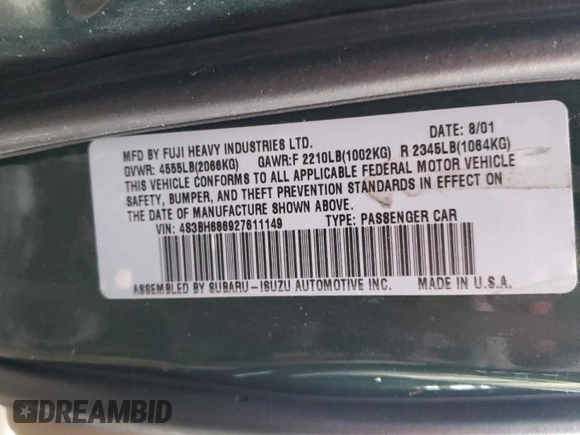 2002 Subaru Legacy Outback Limited with VIN 4S3BH686927611149, listed as a Copart auction lot 43475355 with 164,387 mi miles and Salvage title. Bid and sale history available at DreamBid. Image 13.