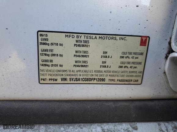 2013 Tesla Model S with VIN 5YJSA1CG8DFP12090, listed as a Copart auction lot 83920494 with 94,801 mi miles and Clean Title. Bid and sale history available at carsss.com. Image 12.