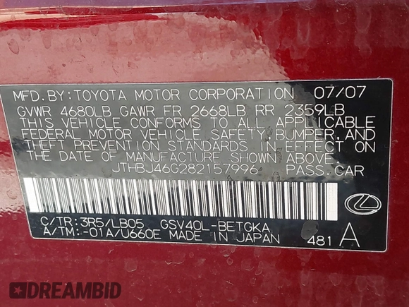 2008 Lexus ES 330 with VIN JTHBJ46G282157996, listed as a IAAI auction lot 42510114 with 70,549 mi miles and . Bid and sale history available at DreamBid. Image 9.