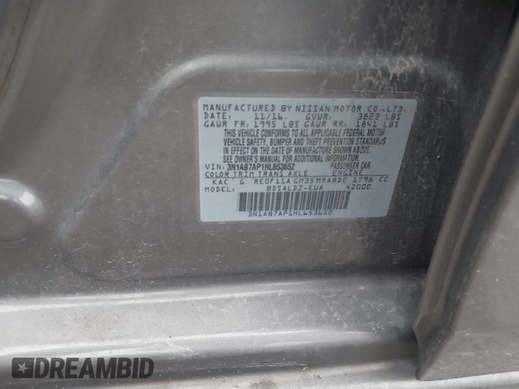 2017 Nissan Sentra SV with VIN 3N1AB7AP1HL653652, listed as a IAAI auction lot 42446195 with 123,391 mi miles and . Bid and sale history available at DreamBid. Image 9.