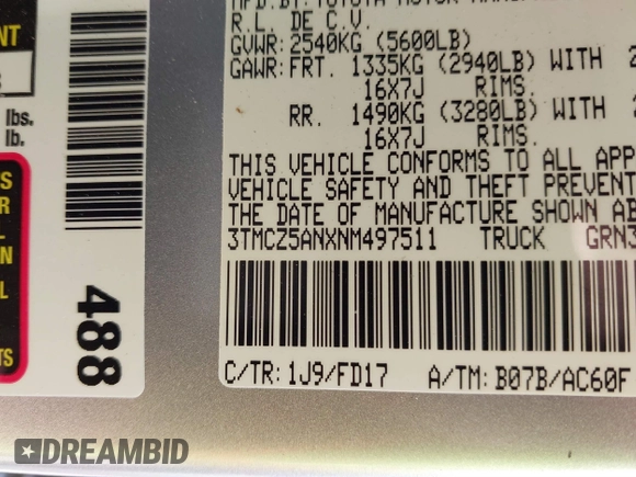 2022 Toyota Tacoma SR with VIN 3TMCZ5ANXNM497511, listed as a IAAI auction lot 41670710 with 26,277 mi miles and . Bid and sale history available at DreamBid. Image 9.