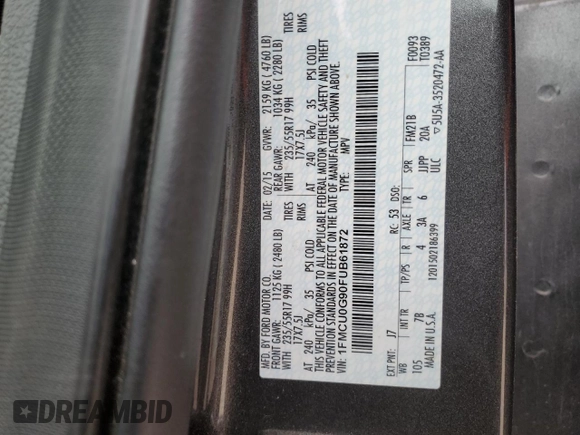 2015 Ford Escape SE with VIN 1FMCU0G90FUB61872, listed as a Copart auction lot 49238045 with 200,793 mi miles and Salvage Title. Bid and sale history available at carsss.com. Image 14.