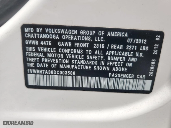 2013 Volkswagen Passat SE w/Sunroof with VIN 1VWBH7A38DC003586, listed as a Copart auction lot 52376465 with 157,387 mi miles and Salvage Title. Bid and sale history available at carsss.com. Image 12.