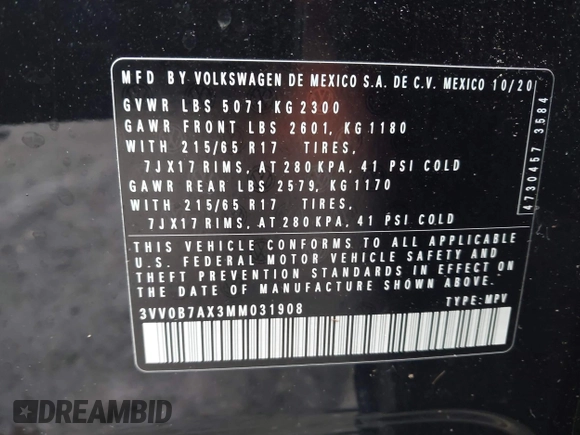 2021 Volkswagen Tiguan S z VIN 3VV0B7AX3MM031908, wystawiony jako IAAI lot #42504384 z przebiegiem 42 510 mil mil oraz . Historia ofert i sprzedaży dostępna na DreamBid. Obrazek 9.