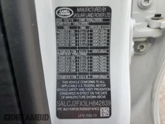 2020 Land Rover Discovery Sport S z VIN SALCJ2FX3LH842839, wystawiony jako Copart lot #53385965 z przebiegiem Nie podano mil oraz Szkoda całkowita • Salvage title. Historia ofert i sprzedaży dostępna na DreamBid. Obrazek 13.