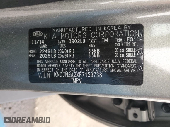 2015 Kia Soul with VIN KNDJN2A2XF7159738, listed as a Copart auction lot 44643055 with 107,285 mi miles and Clean Title. Bid and sale history available at DreamBid. Image 12.
