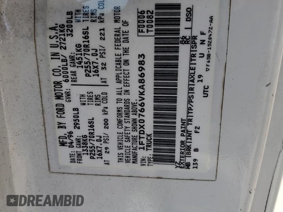 1997 Ford F-150 z VIN 1FTDX0766VKA86983, wystawiony jako Copart lot #50896215 z przebiegiem 214 746 mil mil oraz Szkoda całkowita • Salvage title. Historia ofert i sprzedaży dostępna na DreamBid. Obrazek 12.