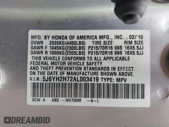 2010 Honda Element EX with VIN 5J6YH2H72AL003419, listed as a IAAI auction lot 42128138 with 134,109 mi miles and . Bid and sale history available at DreamBid. Image 9.