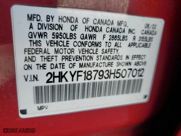 2003 Honda Pilot EX with VIN 2HKYF18793H507012, listed as a Copart auction lot 46451745 with 158,172 mi miles and Salvage Title. Bid and sale history available at carsss.com. Image 13.