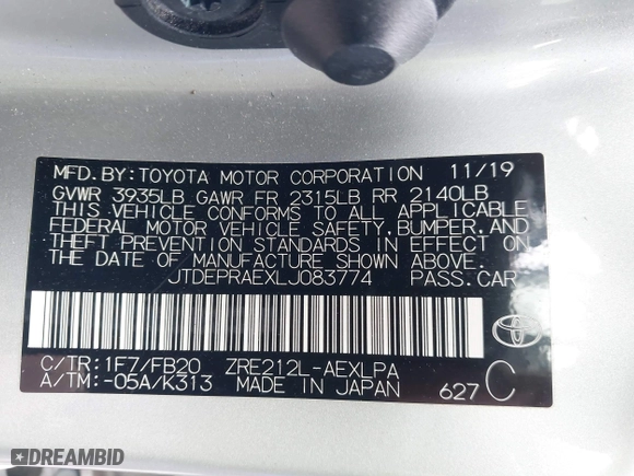2020 Toyota Corolla LE with VIN JTDEPRAEXLJ083774, listed as a IAAI auction lot 41537871 with 135,769 mi miles. Bid and sale history available at carsss.com. Image 9.