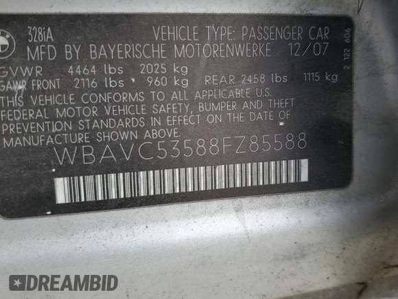 2008 BMW 3 Series 328i with VIN WBAVC53588FZ85588, listed as a Copart auction lot 53753025 with 134,650 mi miles and Salvage Title. Bid and sale history available at carsss.com. Image 12.