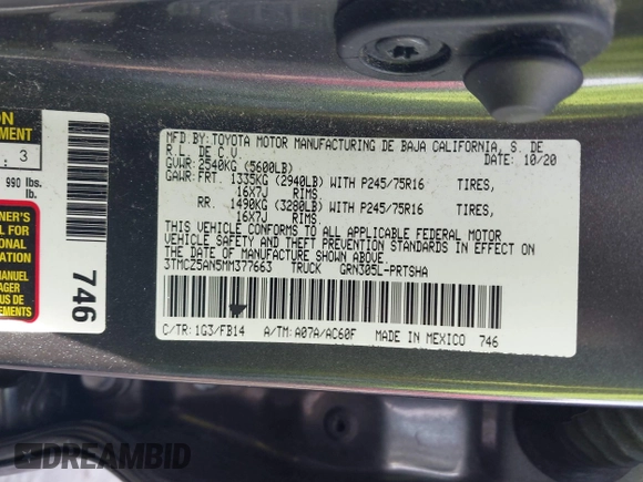 2021 Toyota Tacoma SR z VIN 3TMCZ5AN5MM377663, wystawiony jako IAAI lot #41726696 z przebiegiem 32 125 mil mil oraz . Historia ofert i sprzedaży dostępna na DreamBid. Obrazek 9.