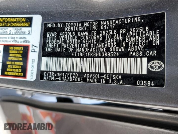 2017 Toyota Camry XLE z VIN 4T1BF1FK6HU389524, wystawiony jako Copart lot #56341345 z przebiegiem 156 516 mil mil oraz Czysty tytuł • Clean title. Historia ofert i sprzedaży dostępna na DreamBid. Obrazek 12.