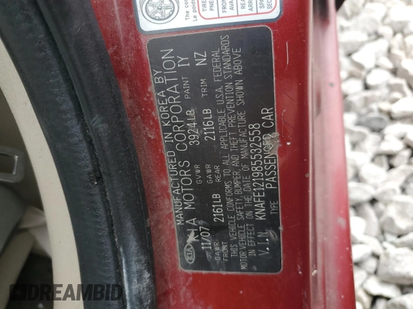 2008 Kia Spectra EX with VIN KNAFE121985532558, listed as a Copart auction lot 57984805 with 136,964 mi miles and Salvage title. Bid and sale history available at DreamBid. Image 13.