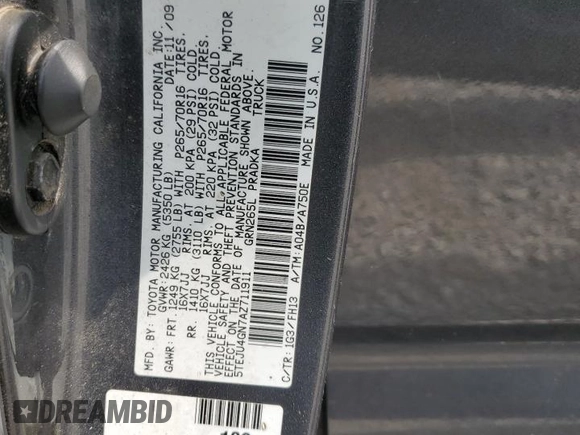 2010 Toyota Tacoma PreRunner with VIN 5TEJU4GN7AZ711911, listed as a Copart auction lot 60200385 with 209,579 mi miles and Salvage title. Bid and sale history available at DreamBid. Image 12.
