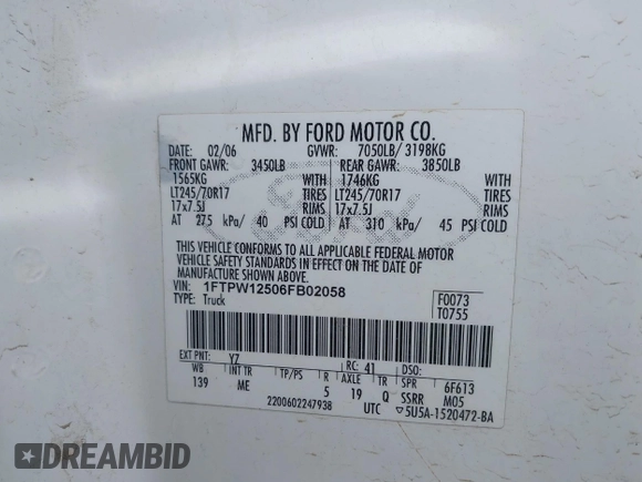 2006 Ford F-150 XLT с VIN 1FTPW12506FB02058, выставлен на аукционе IAAI как лот 42370761 с пробегом 322 396 миль миль и . История ставок и продаж доступна на DreamBid. Изображение 9.