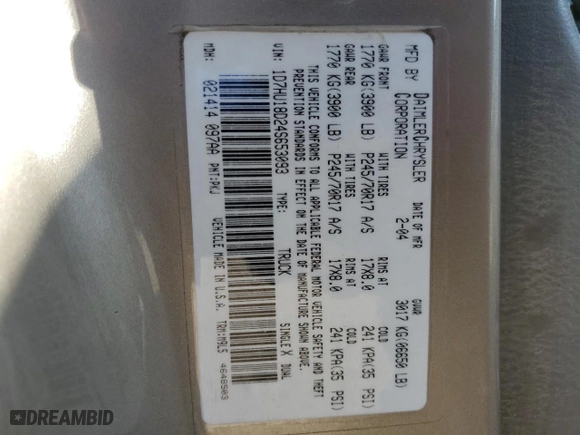 2004 Dodge Ram 1500 SLT with VIN 1D7HU18D24S653093, listed as a Copart auction lot 45113365 with 224,754 mi miles and Salvage Title. Bid and sale history available at carsss.com. Image 15.