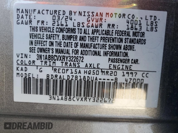 2024 Nissan Sentra SV with VIN 3N1AB8CVXRY322672, listed as a Copart auction lot 54098245 with 5,276 mi miles and Salvage title. Bid and sale history available at DreamBid. Image 12.